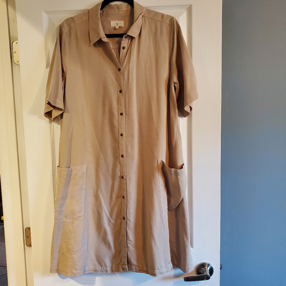 Lou & Grey tan button up shirt dress.